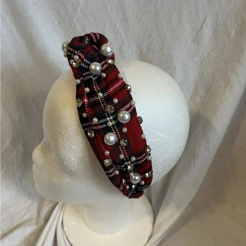 Plaid Red Headband with Faux Pearls & Rhinestones – Preppy & Chic